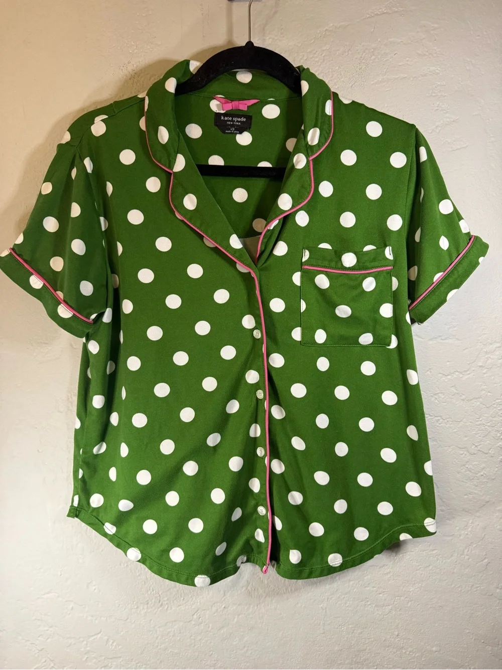 Kate Spade Green & White Polka Dot Short Pajama Set with Pink Trim